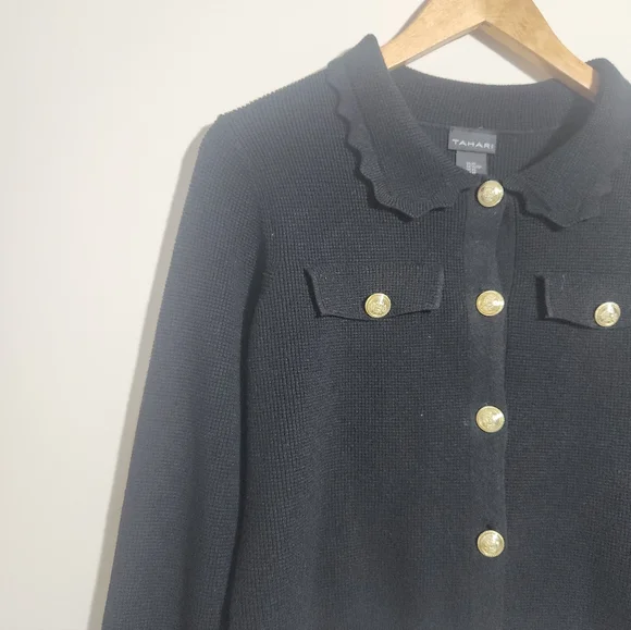 Tahari Black Cropped Textured Knit Cardigan Scalloped Collar Gold Buttons XS - Picture 5 of 7